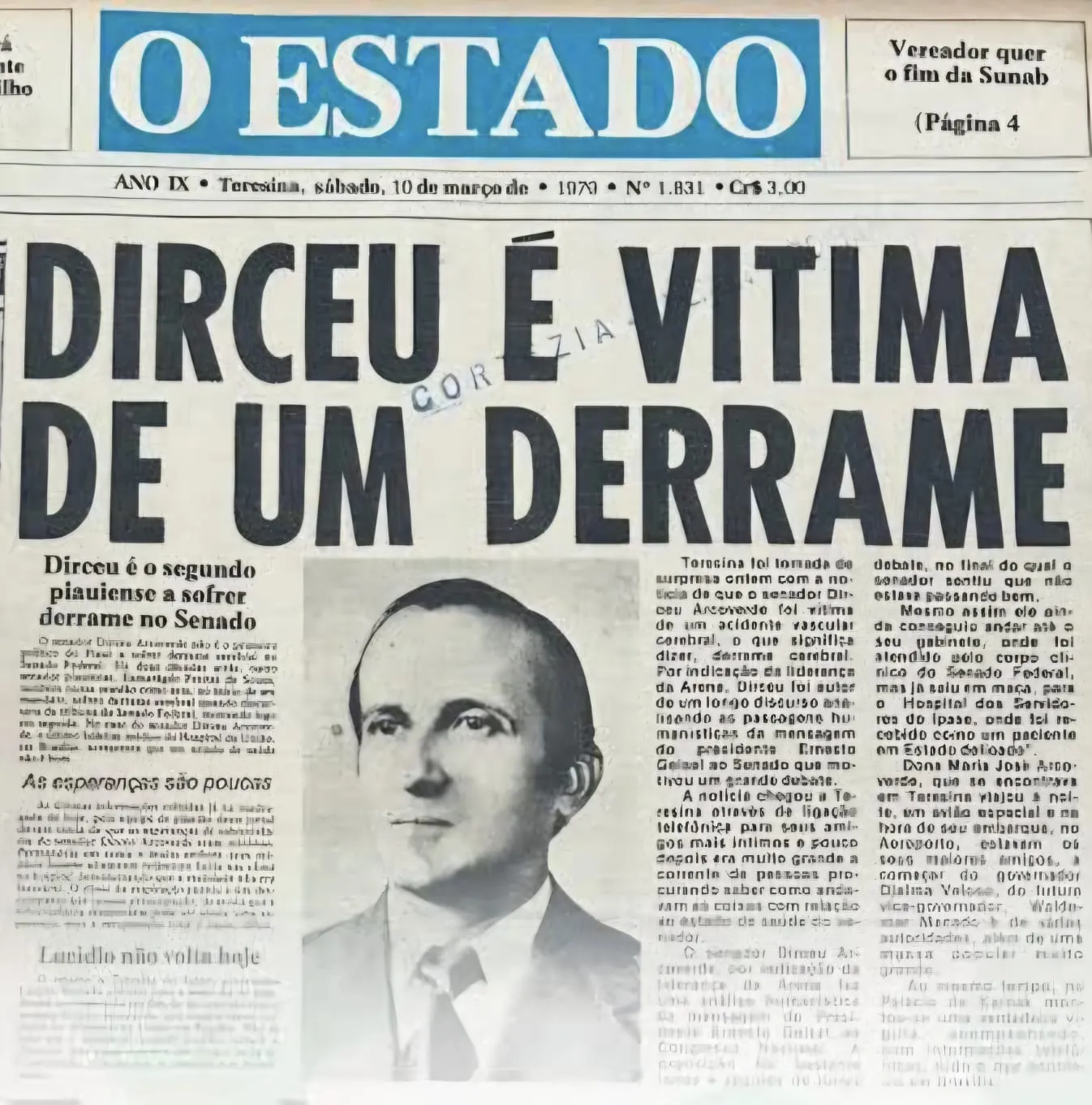 Capa do jornal O Estado, de 10 de março de 1979.